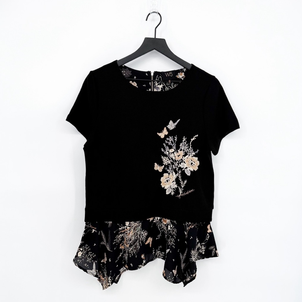 ☀️ 3/$25 Anthropologie W5 Black Butterfly Print Embroidered Blouse Small